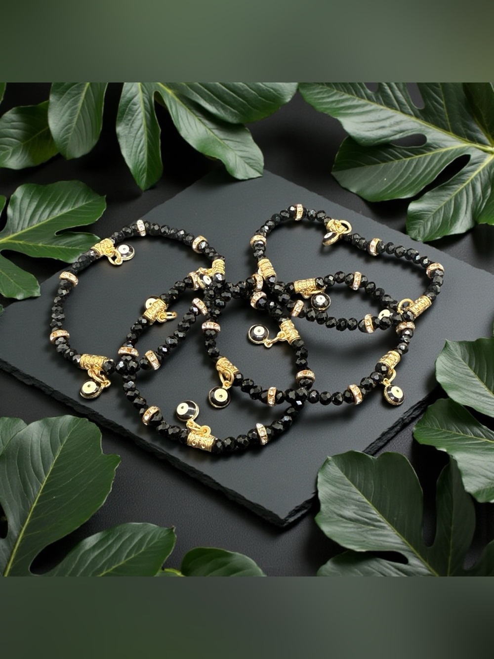🖤🧿Set of 4 Black & Gold Evil Eye & Rhinestone Embellished Bead Bracelets/NWOT🖤🧿